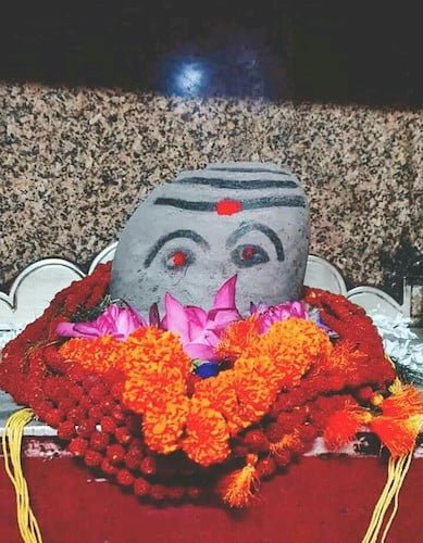 Human faced tilakdhari Shri Markandey Rishi Ji well decorated with a Janeoo thread, thick marigold garland, Rudraksh garland & some lotus flowers on a silver sinhasan