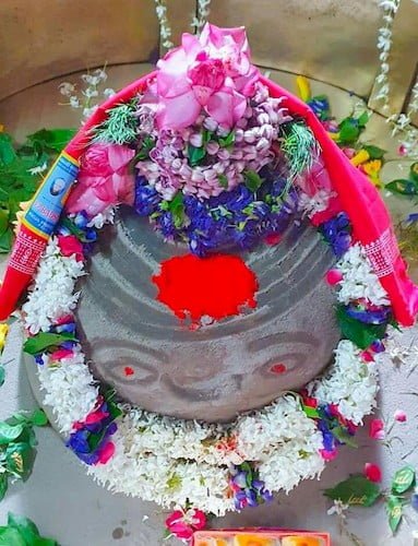 Human faced big tilakdhari Shri Mahadev Ji well decorated with a red gamacha, blue flowers mixed a thick white garland, a blue flower garland, a lotus flower bud garland & a lotus flower on the top